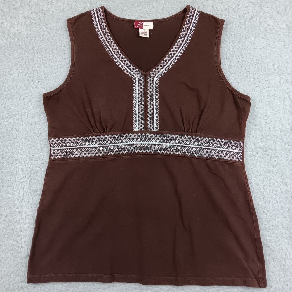 JM Collection Tank Top Woman XL Brown Embroidered V-Neck Empire Waist WPL 8046